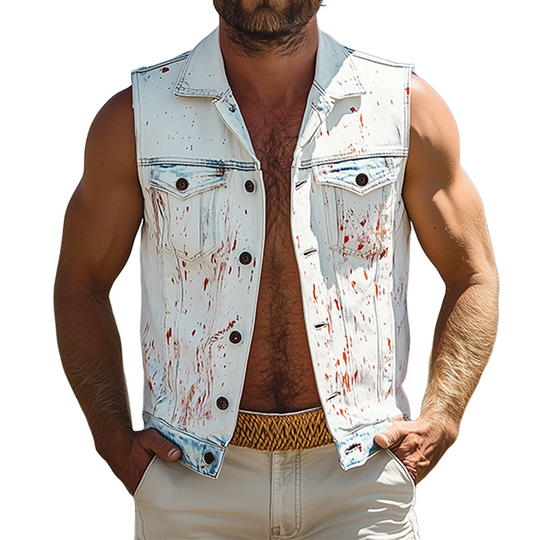 Men's Fashion Casual Washed Denim Personalized Ink Splash V-Neck Lapel Vest DTT25062612