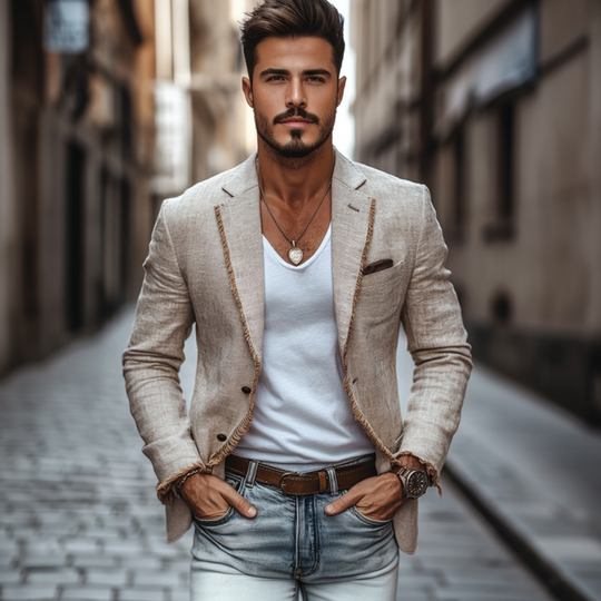 Men's Casual Linen Notch Lapel Single-breasted Patch Pocket Tassel Trim Slim-fit Blazer DDT25052923