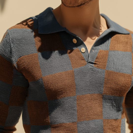 Men's Retro Casual Checkered Colorblock Knitted Long Sleeve Polo Shirt DTT25090420