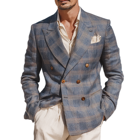 Men's Check Print Double Breasted Blazer DTT25071802