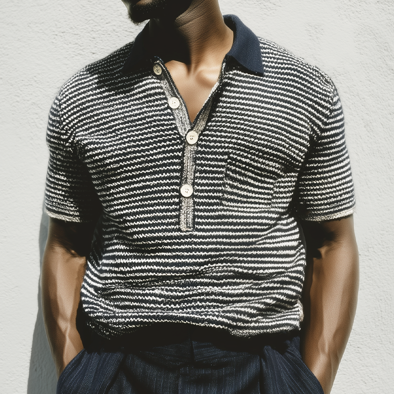 Men's Summer Classic Black And White Striped Polo Neck Knitted T-Shirt DTT25071011
