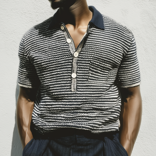 Men's Summer Classic Black And White Striped Polo Neck Knitted T-Shirt DTT25071011