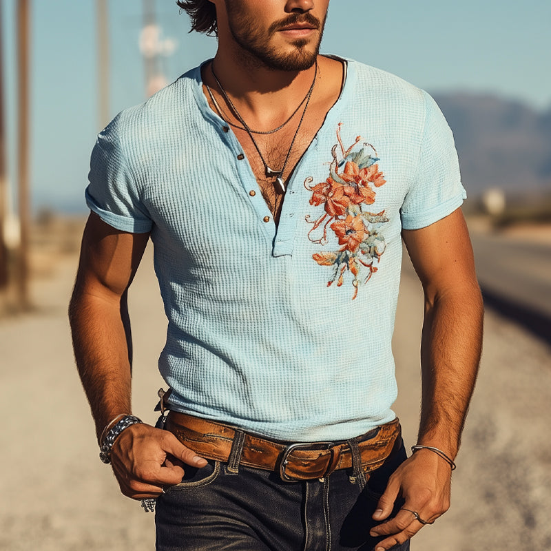 Men's Waffle Henley Neck Embroidered Short Sleeve T-Shirt DTT25053001