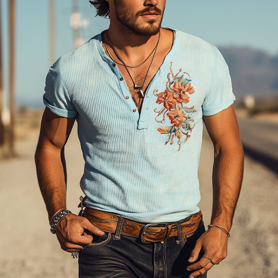 Men's Waffle Henley Neck Embroidered Short Sleeve T-Shirt DTT25053001