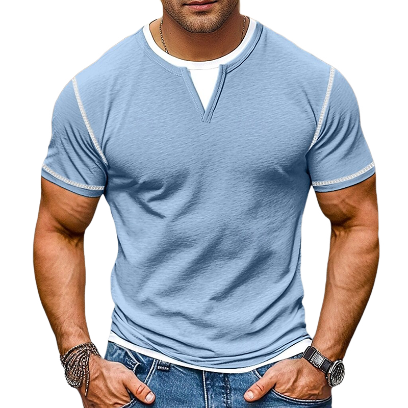 Men's Contrast Color V-Neck Cotton Blend Short Sleeve T-Shirt DTT25072408