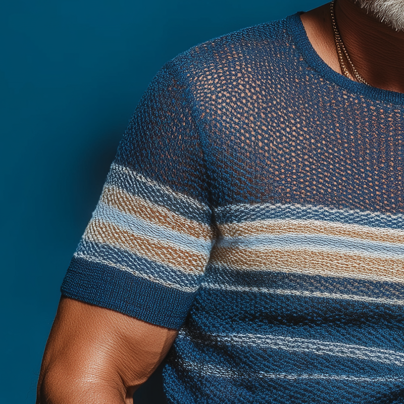 Men's Summer Retro Striped Knitted Hollow Short Sleeve T-Shirt DTT25072118