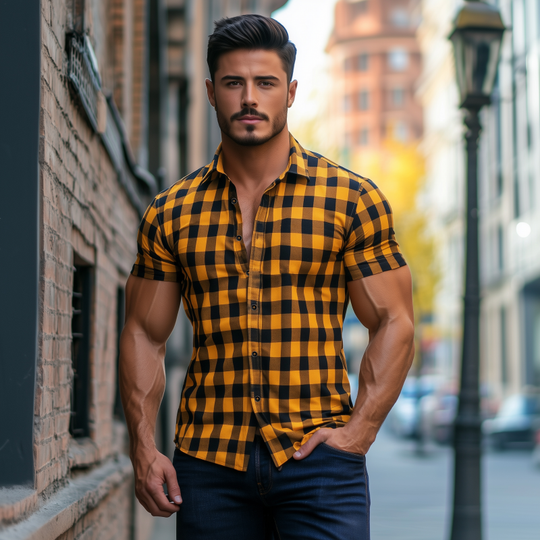 Men's Casual Breathable Cotton Plaid Lapel Slim Fit Short Sleeve Shirt DTT25061613