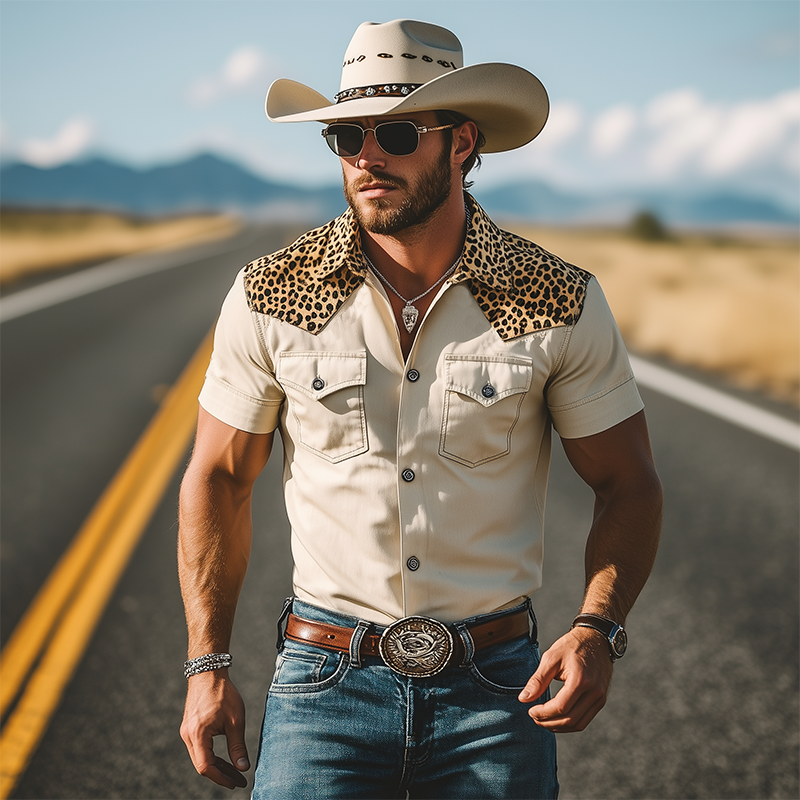 Men's Spring And Summer Classic Retro Western Cowboy Style Cotton Blended Leopard Print Slim Short-Sleeved Shirt DDT25052919