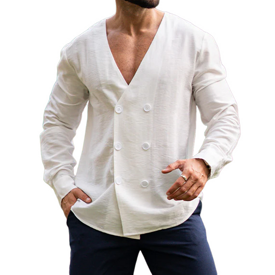 Men's Fashion Casual Tencel Cotton V-neck Double Breasted Long Sleeve Shirt DTT25071701