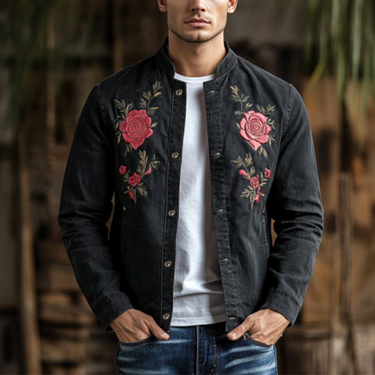 Men's Classic Casual Embroidered Denim Stand Collar Jacket 9892392108216