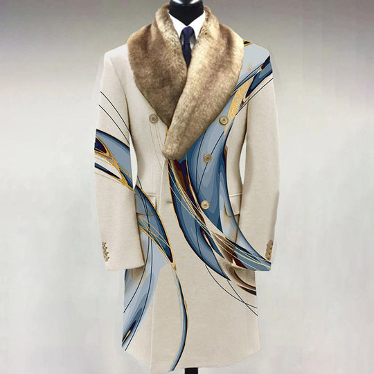 Men's Fashion Casual Fur Lapel Collar Graphic Pattern Long Sleeve Coat 9888554909880