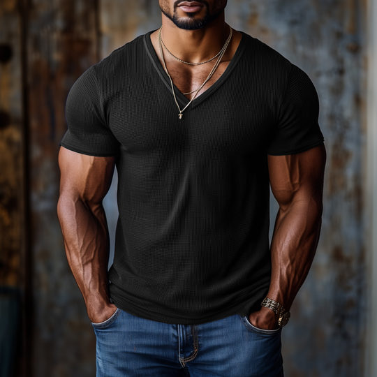 Men's Casual Sports Breathable Waffle V-neck Tight Short-sleeved T-shirt DTT25072417