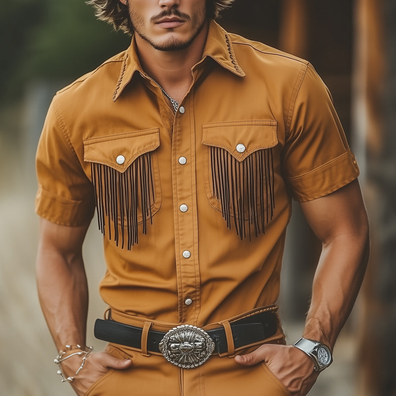 Men's Summer Western Cowboy Style Tassel Short Sleeve Shirt DTT25061309