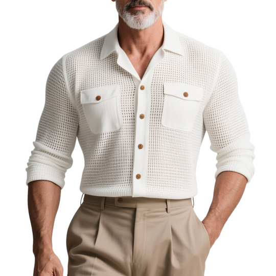 Men's Solid Hollow Out Fabric Lapel Long Sleeve Shirt DTT25073111