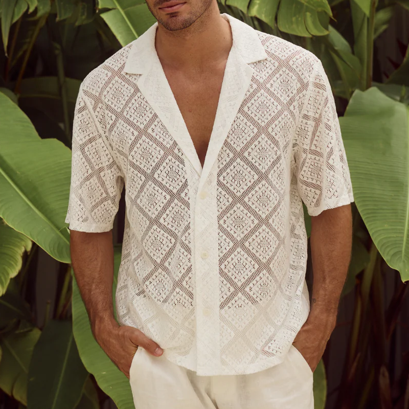 Men's Spring And Summer Fashion Casual Lace Slightly Transparent Sexy Short-sleeved Shirt DTT25070801