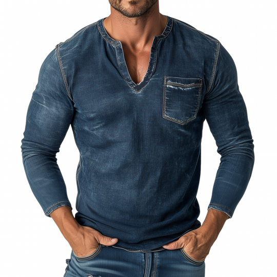 Men's Vintage Washed Distressed V-Neck Patch Pocket Slim Fit Long Sleeve Denim T-Shirt DTT25061620