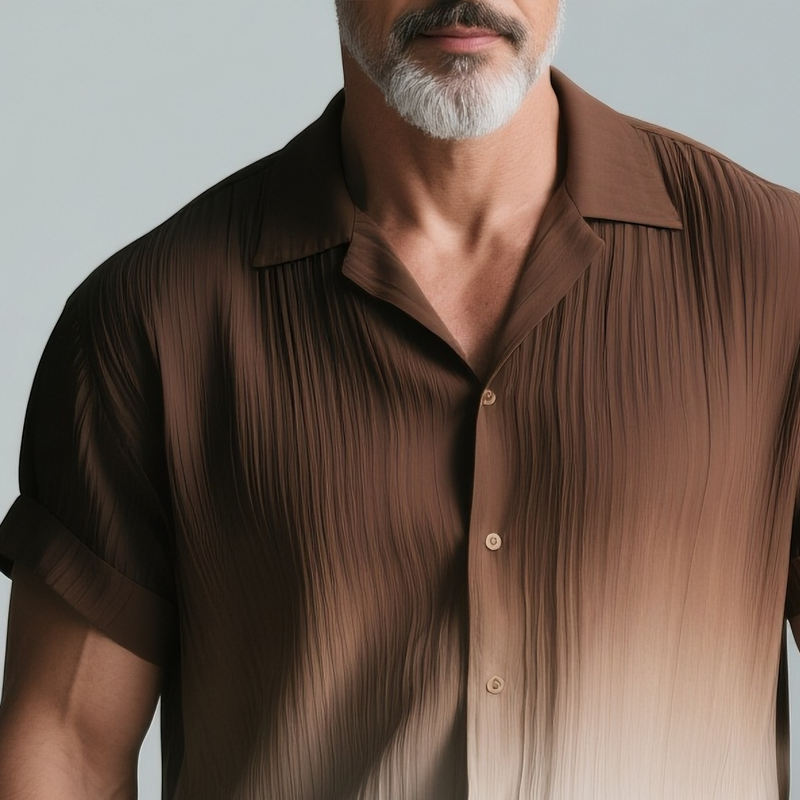 Men's Gradient Textured Striped Chiffon Lapel Short Sleeve Shirt DTT25073109