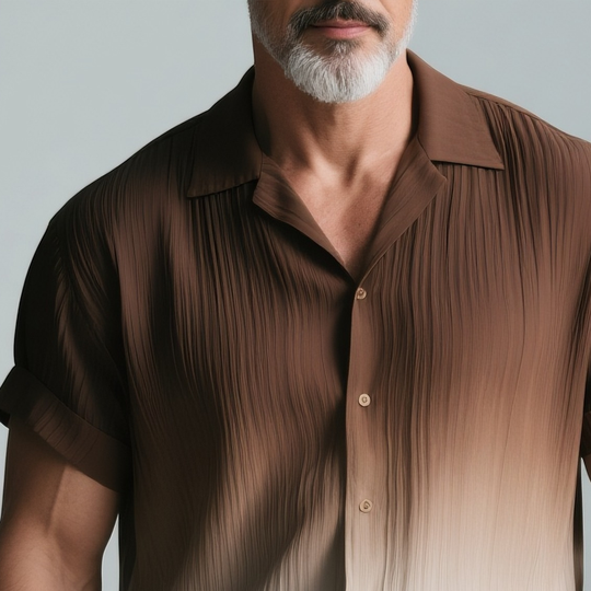 Men's Gradient Textured Striped Chiffon Lapel Short Sleeve Shirt DTT25073109