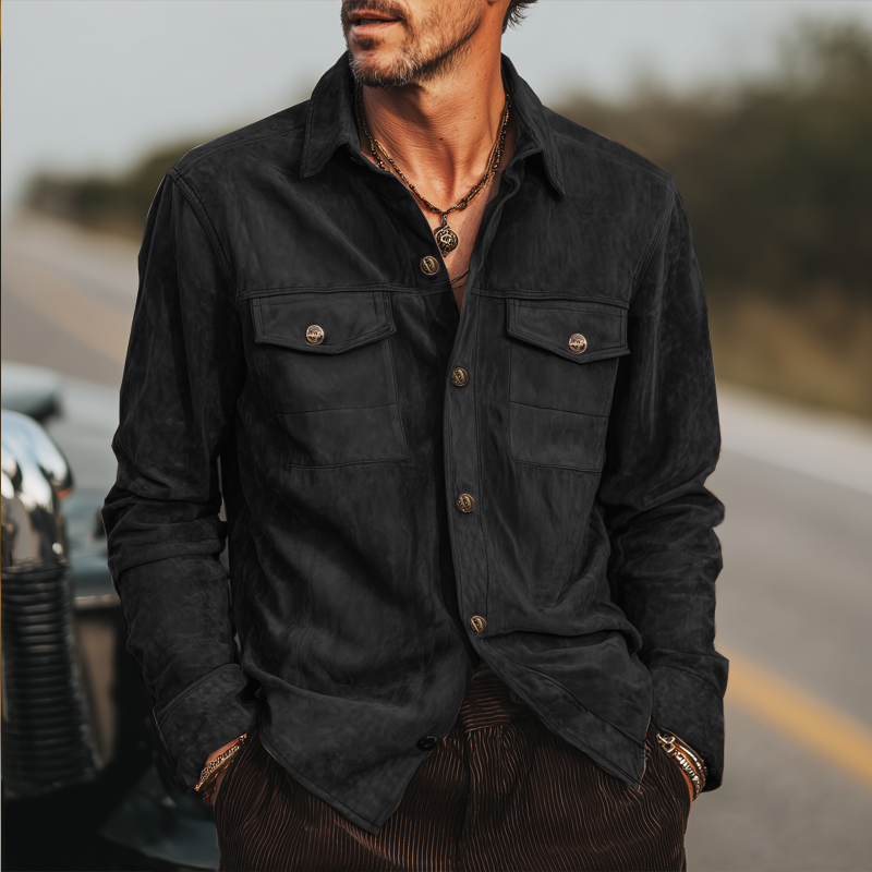Men's Spring And Autumn Retro Black Suede Long Sleeve Shirt DTT25082037