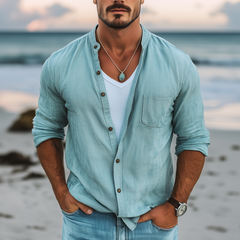 Men's Basic Solid Color Cotton Long Sleeve Shirt DTT25072908