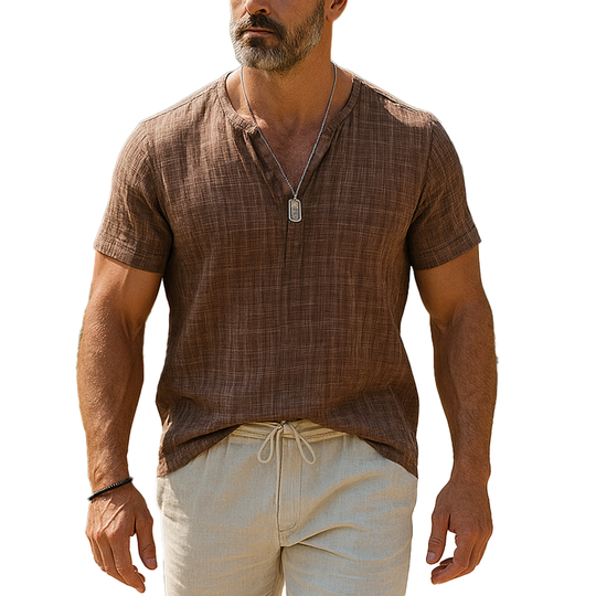 Men's Summer Fashion Linen Short Sleeve V-Neck Shirt DTT25061007