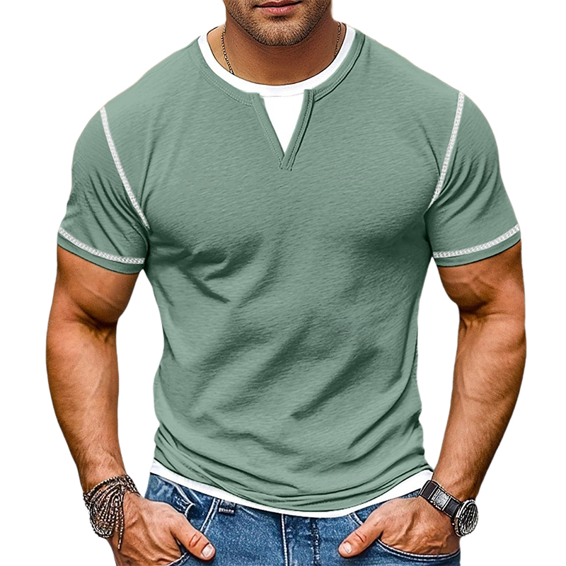 Men's Contrast Color V-Neck Cotton Blend Short Sleeve T-Shirt DTT25072408