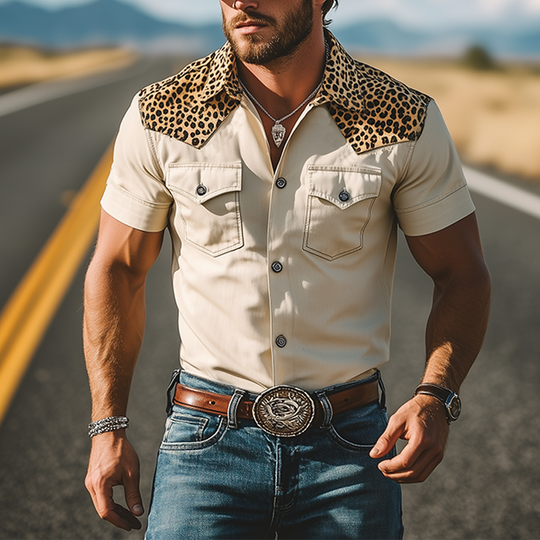 Men's Spring And Summer Classic Retro Western Cowboy Style Cotton Blended Leopard Print Slim Short-Sleeved Shirt DDT25052919
