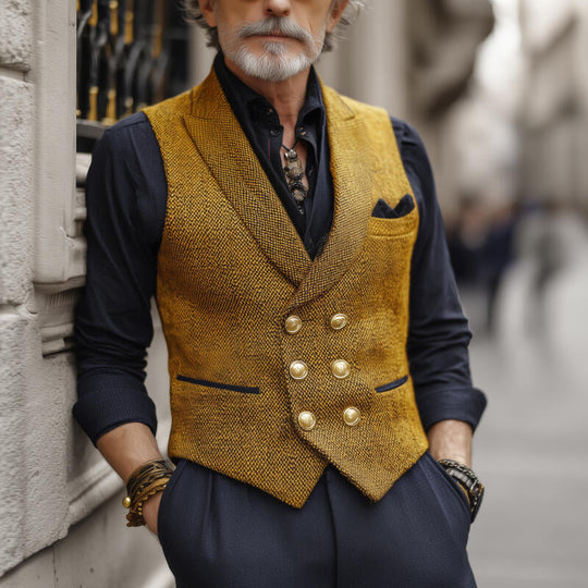 Men's Vintage Tweed Peak Lapel Double-Breasted Slim-Fit Suit Vest DTT25082911