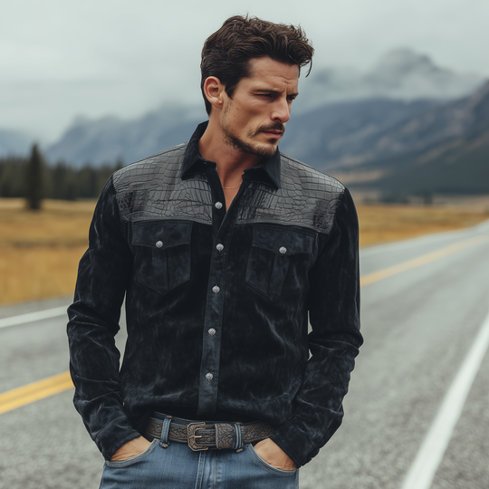 Men's Classic Retro Western Cowboy Style Suede And Textured Leather Long-sleeved Shirt DTT25081318