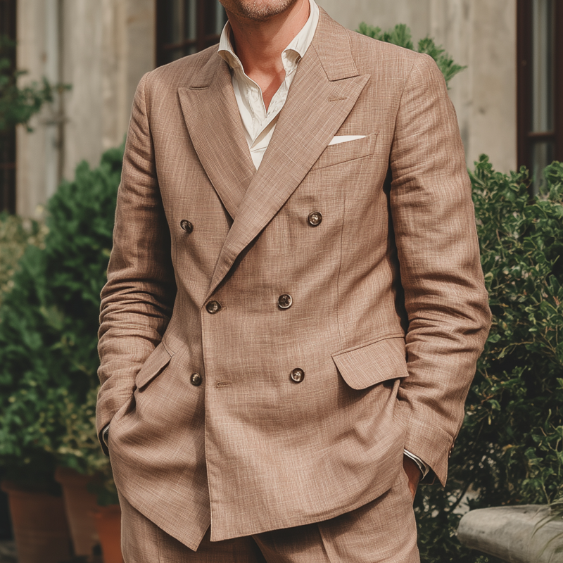Men's Vintage Elegant Breathable Linen Peak Lapel Double Breasted Slim Fit Blazer DTT25071510