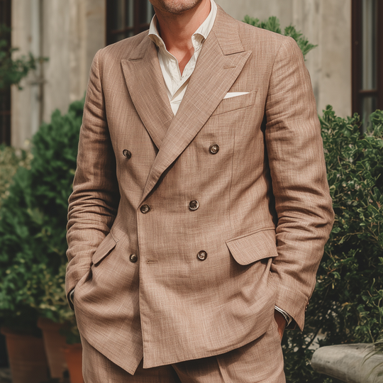 Men's Vintage Elegant Breathable Linen Peak Lapel Double Breasted Slim Fit Blazer DTT25071510