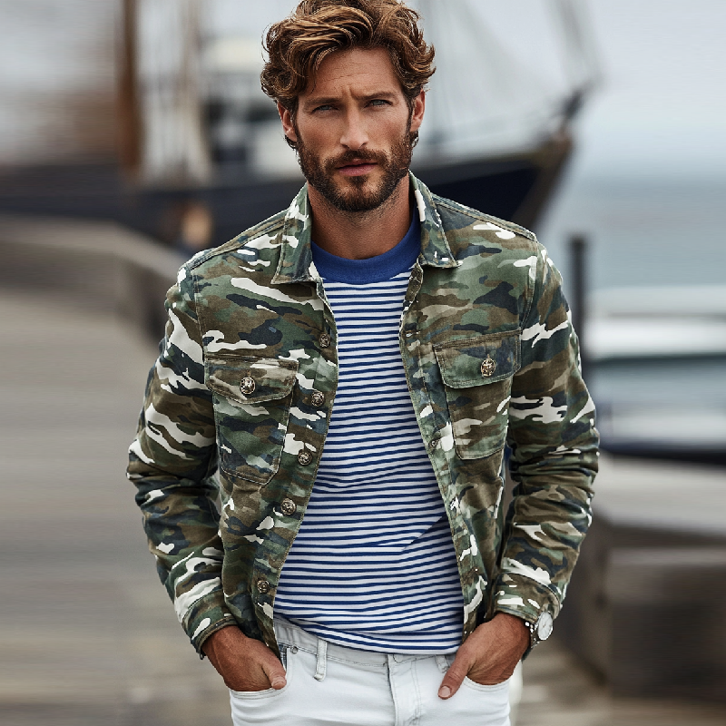 Men's Vintage Camouflage Washed Lapel Double Chest Pockets Jacket 9894195888312