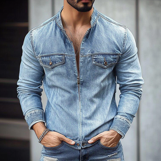 Men's Vintage Washed Distressed Stand Collar Zipper Denim Jacket DTT25072915