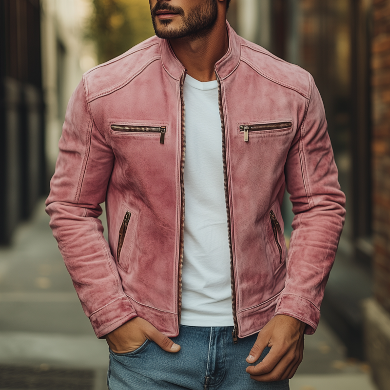 Men's Vintage Solid Color Suede Stand Collar Zipper Placket Zipper Pocket Slim Fit Jacket DTT25081201