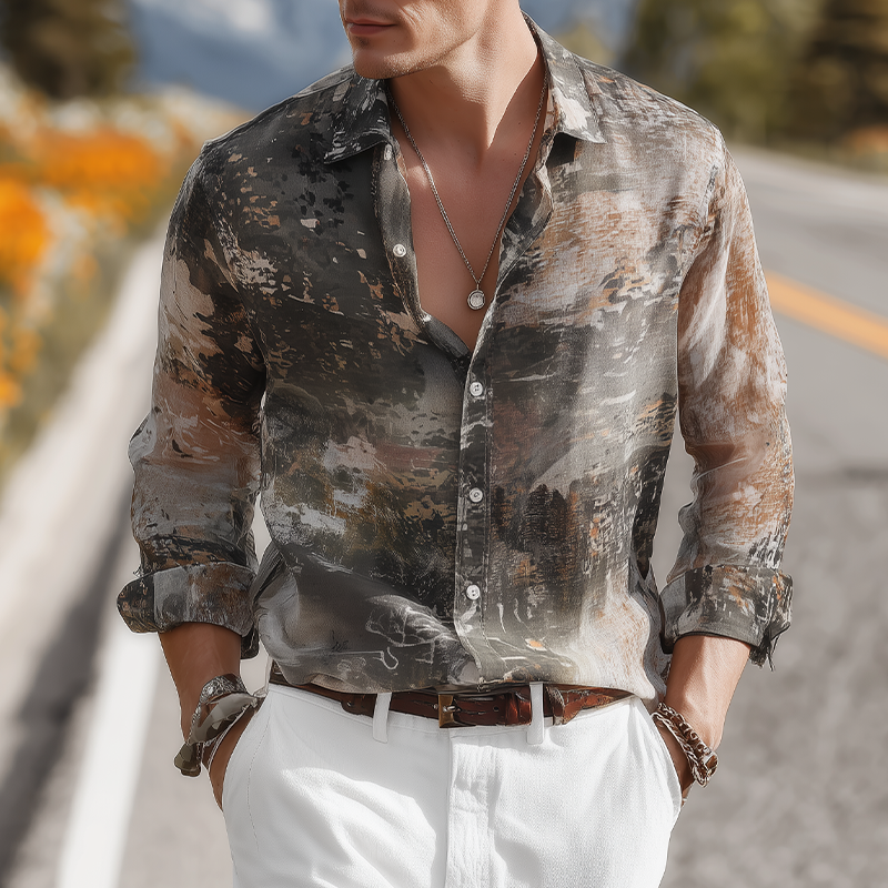 Men's Summer Fashion Casual Chiffon Slightly Transparent Sexy Art Print Long Sleeve Shirt DTT25071013