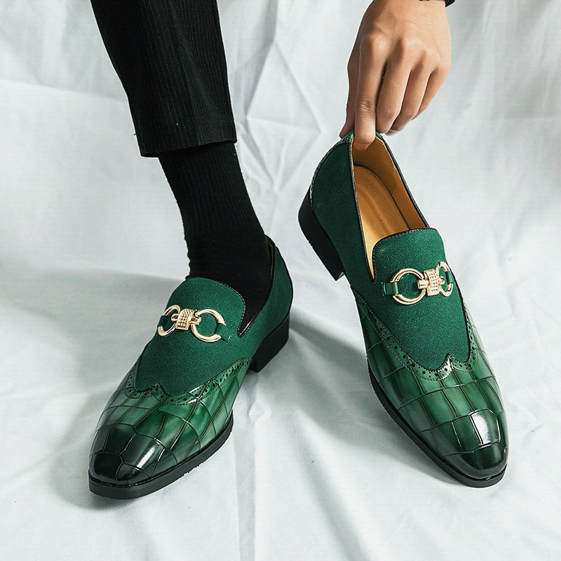 Men's Plaid Leather Patchwork Buckle Decor Slip On Pointed Toe Loafers Shoes 9888556187832