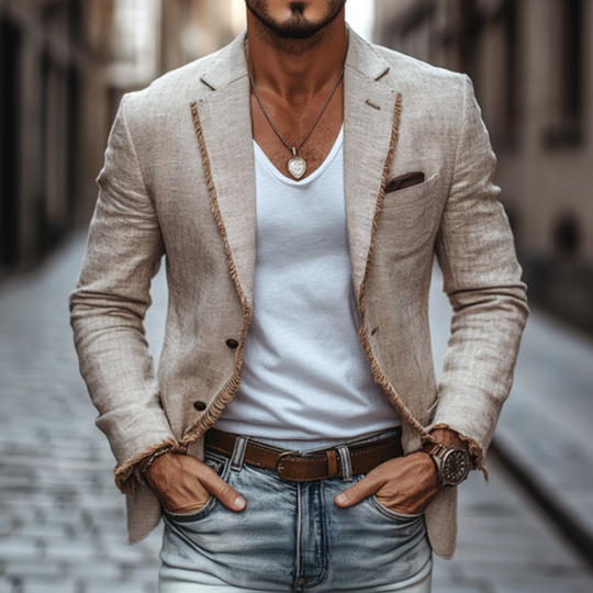 Men's Casual Linen Notch Lapel Single-breasted Patch Pocket Tassel Trim Slim-fit Blazer DDT25052923