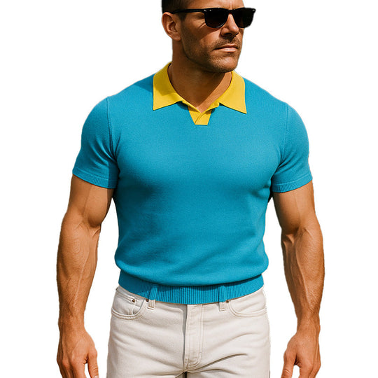 Men's Summer Fashion Contrast Color Knitted Short Sleeve Polo Shirt DTT25063019