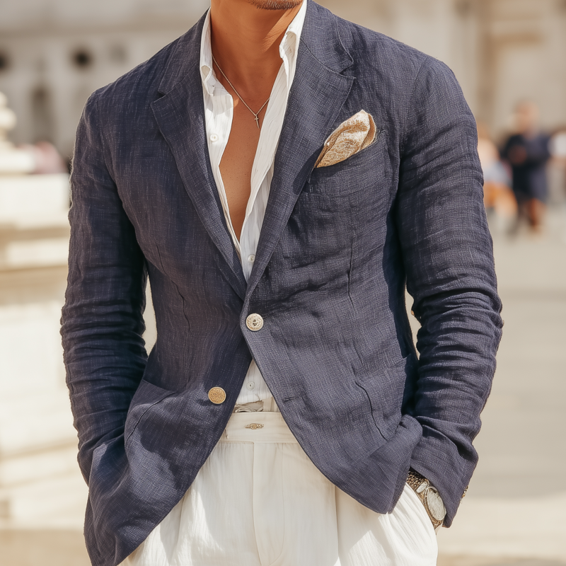 Men's Casual Solid Color Breathable Linen Notch Lapel Single-breasted Slim-fit Blazer DTT25072301