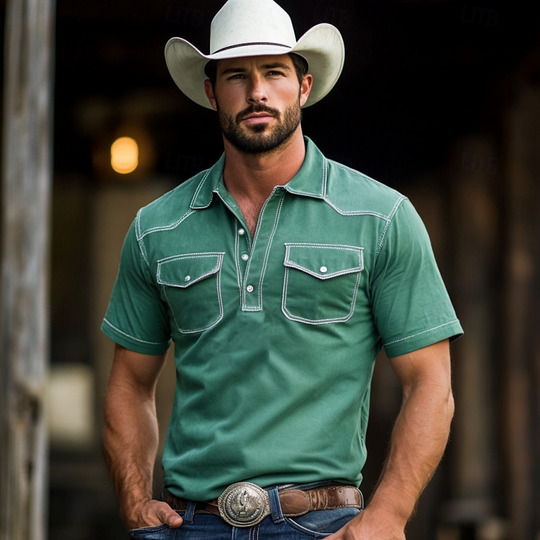 Men's Fashion Solid Color Western Style Slim Fit Short Sleeve Polo Shirt DTT25061322