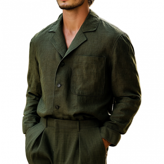 Men's Casual Breathable Linen Notched Lapel Patch Pocket Loose Long Sleeve Shirt DDT25052906