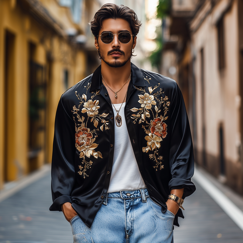 Men's Vintage Flower Embroidery Elegant Solid Satin Lapel Loose Long Sleeve Shirt DTT25072423