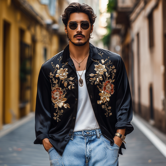 Men's Vintage Flower Embroidery Elegant Solid Satin Lapel Loose Long Sleeve Shirt DTT25072423