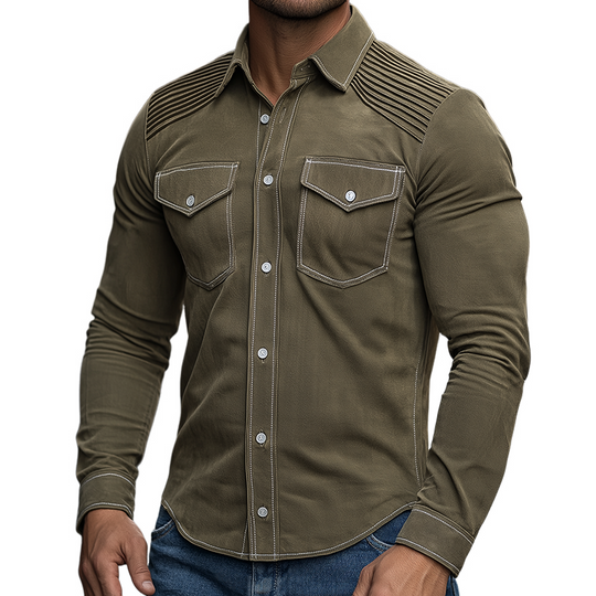 Men's Vintage Casual Suede Pleated Lapel Long Sleeve Shirt DTT25082709