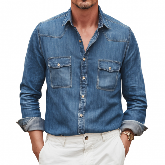 Men's Vintage Denim Washed Distressed Lapel Chest Pocket Slim Fit Western Cowboy Long Sleeve Shirt DTT25071516