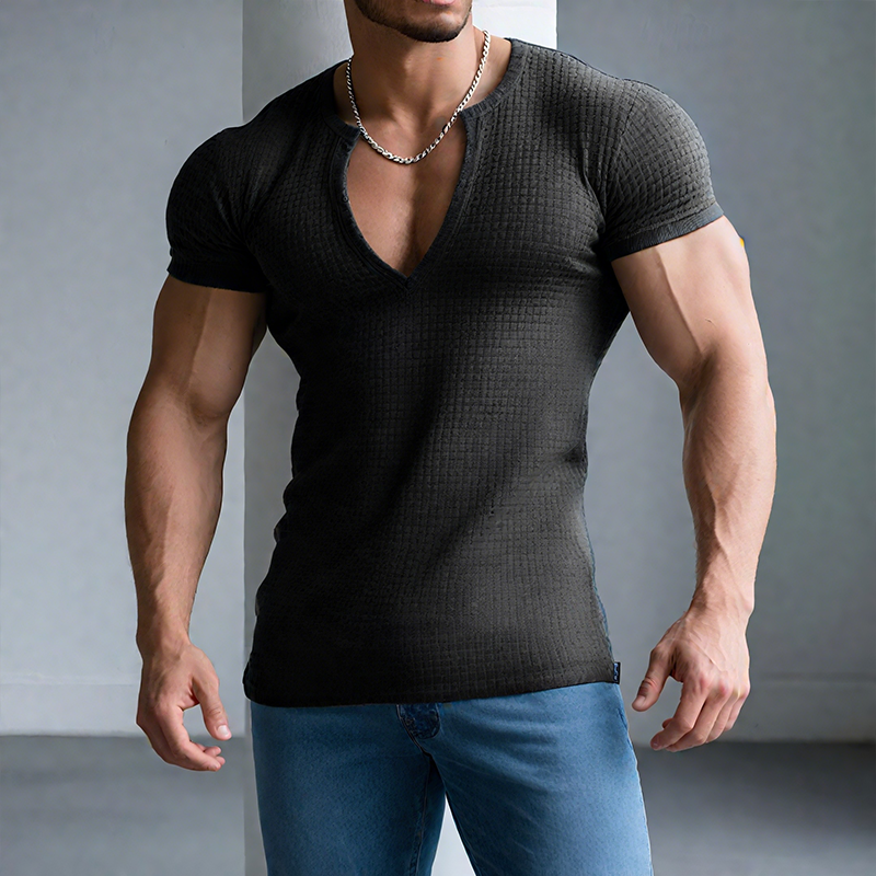 Men's Retro Casual Solid Color Waffle V-Neck Short Sleeve T-Shirt DTT25072420