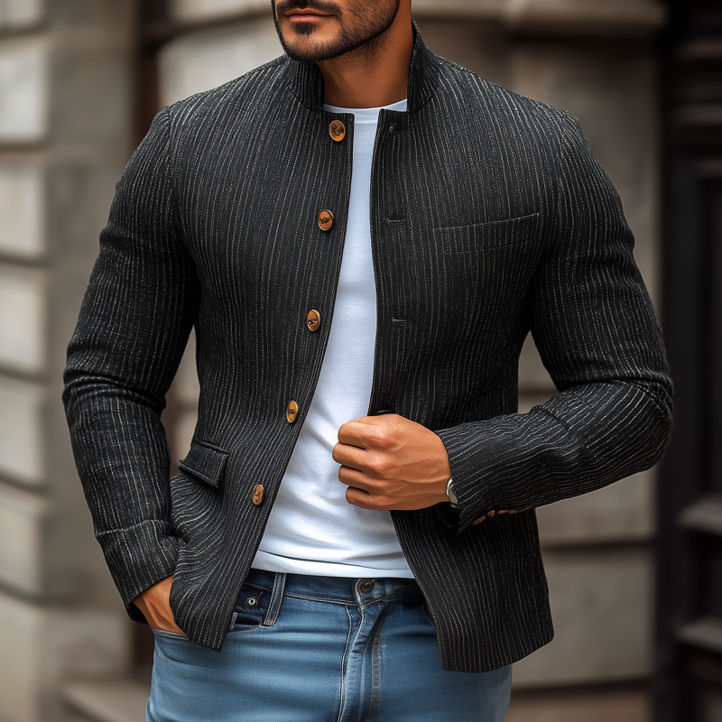 Men's Stylish Linen Striped Stand Collar Single Breasted Slim Short Blazer DTT25072303