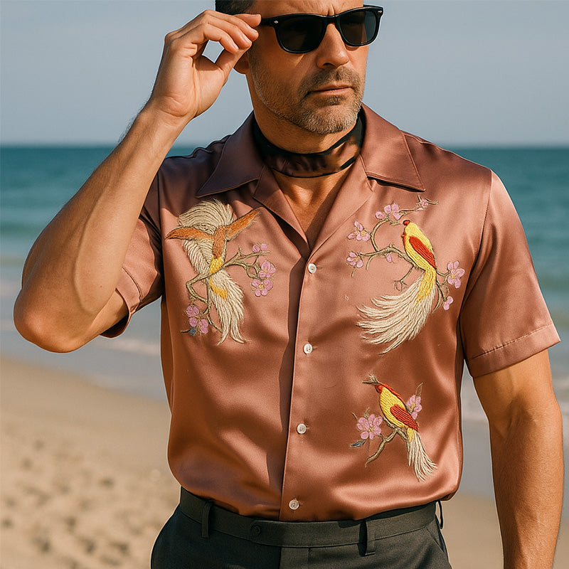 Men's Summer Fashion Satin Flower And Bird Embroidery Short Sleeve Shirt DTT25060403