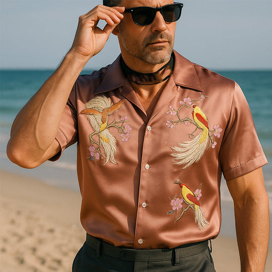 Men's Summer Fashion Satin Flower And Bird Embroidery Short Sleeve Shirt DTT25060403