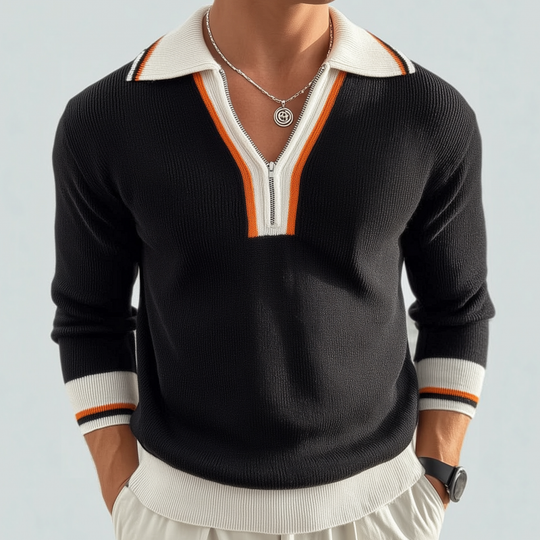 Men's Casual Contrast Color Zipper Lapel Slim Fit Knitted Long Sleeve Polo Shirt DTT25080401